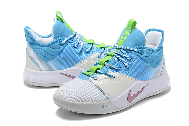 2019 Men Nike Paul George 3 White Silver Blue Green Shoes - Click Image to Close